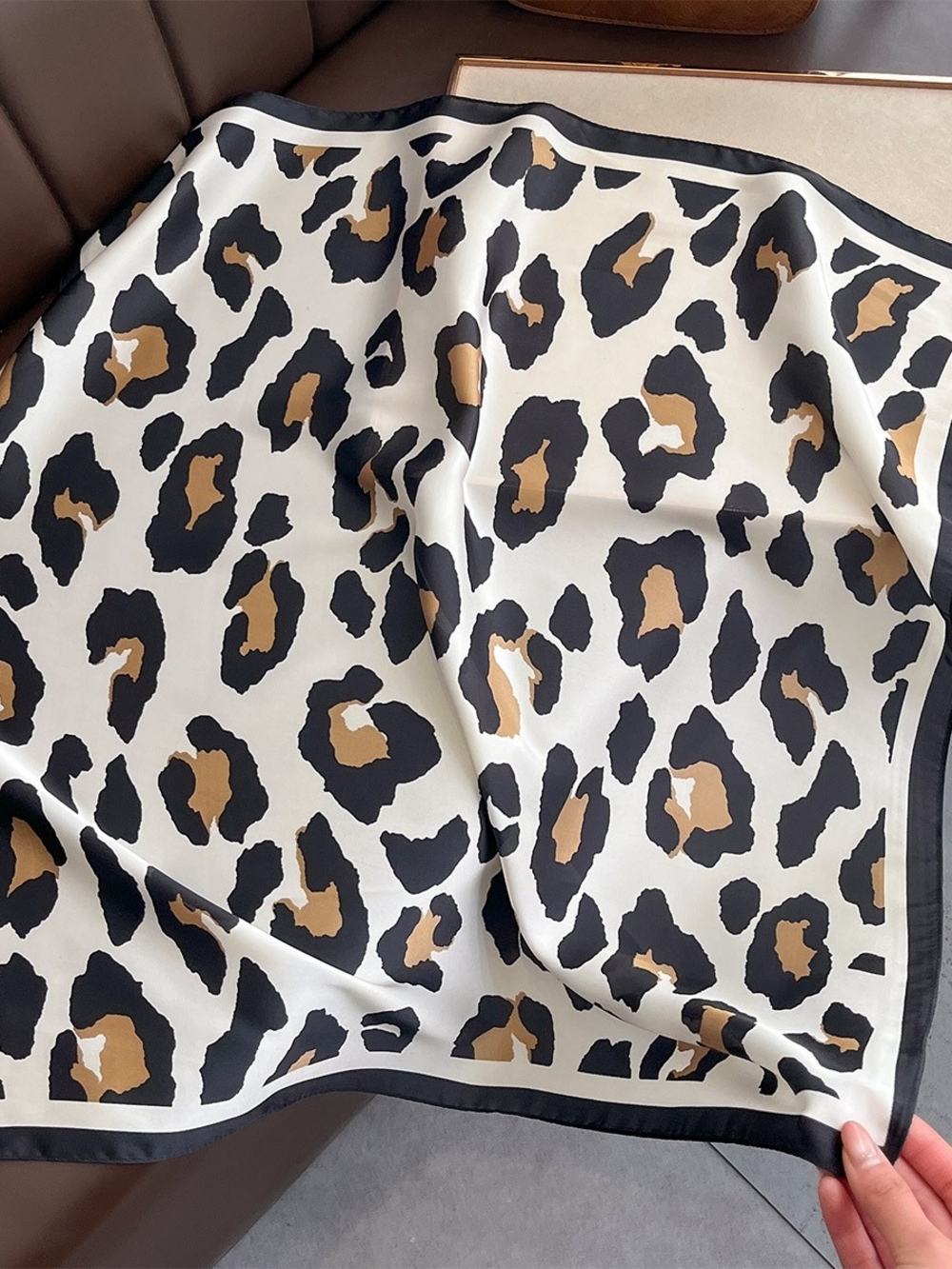 Silk-feel Leopard Print Decorative Throw - Black, Cream & Brown